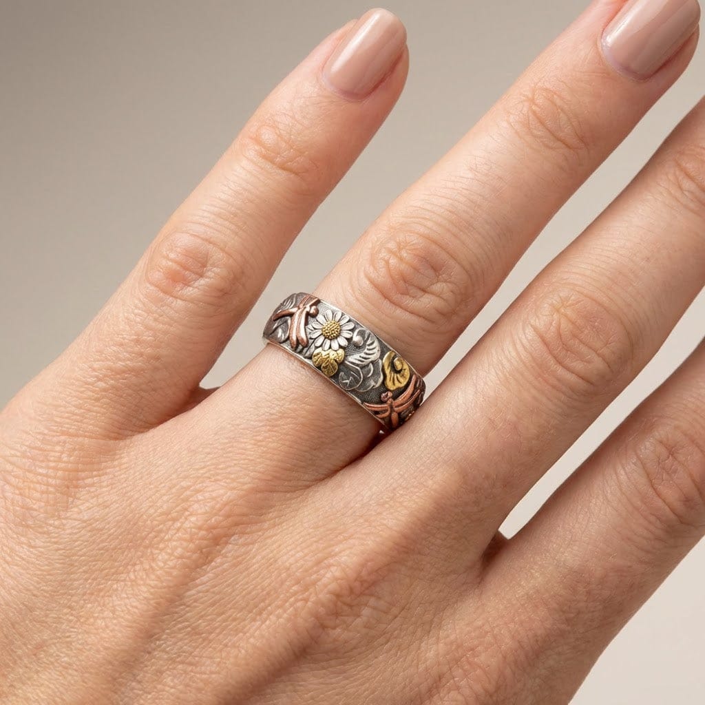 Handmade Dragonfly & Sunflower Vintage Silver Ring
