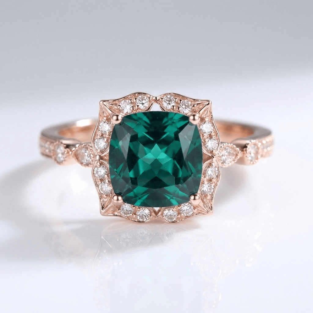 Emerald Rose Gold Halo Ring