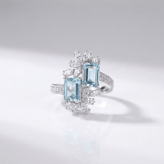 Aquamarine Crystal Silver Ring - (Adjustable)