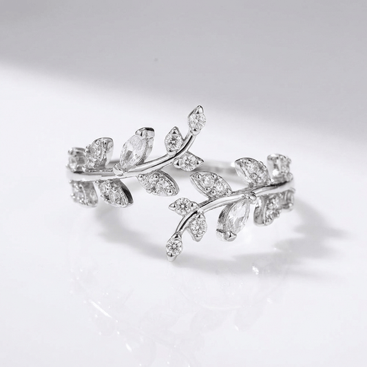 Crystal Leaf Vine Silver Ring - (Adjustable)