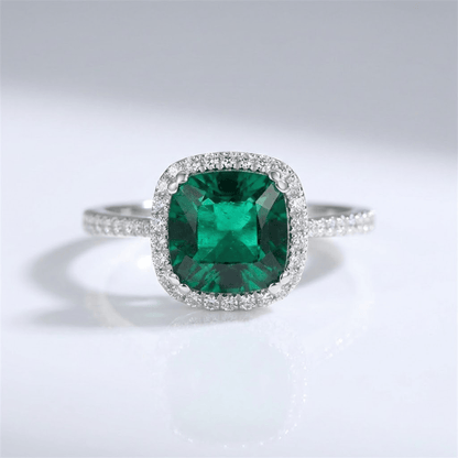 Green Emerald Cushion Halo Ring