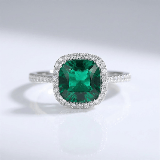 Green Emerald Cushion Halo Ring