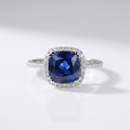 Blue Sapphire Cushion Halo Ring