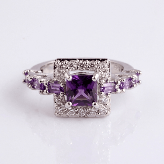 Silver Purple Gemstone Square Ring