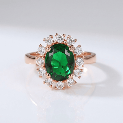 Rose Gold Emerald Diamond Halo Ring - (Adjustable)