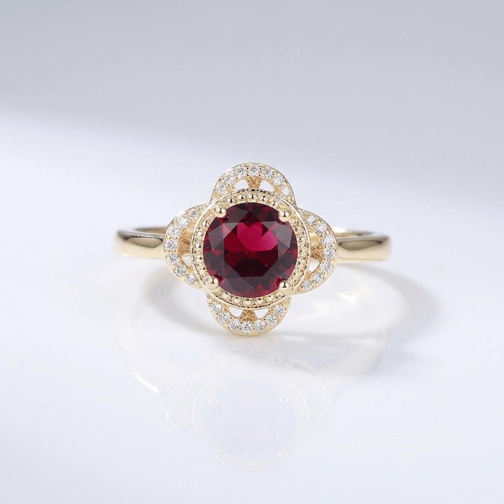 Gold Ruby Diamond Halo Ring