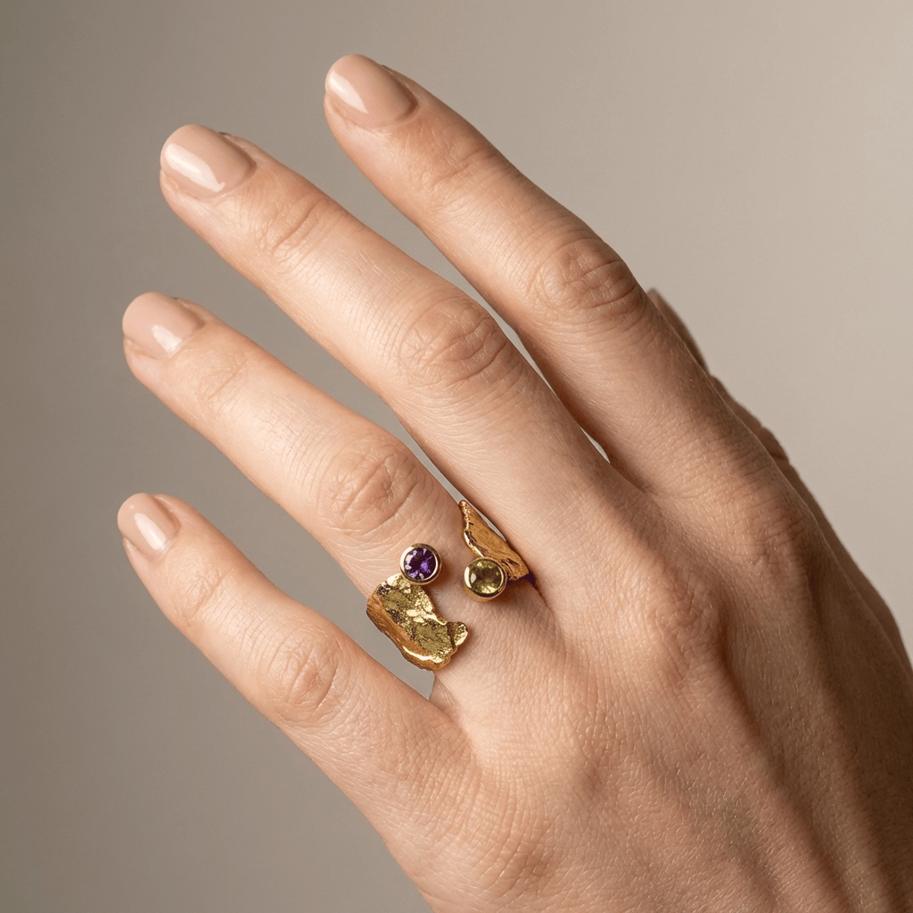 Rustic Gold Amethyst & Peridot Ring - (Adjustable)