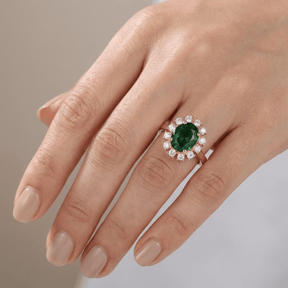 Rose Gold Emerald Diamond Halo Ring - (Adjustable)