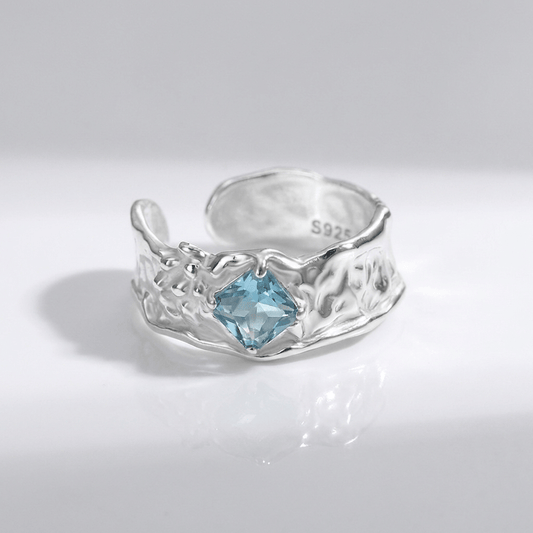 Silver Aquamarine Textured Ring - (Adjustable)