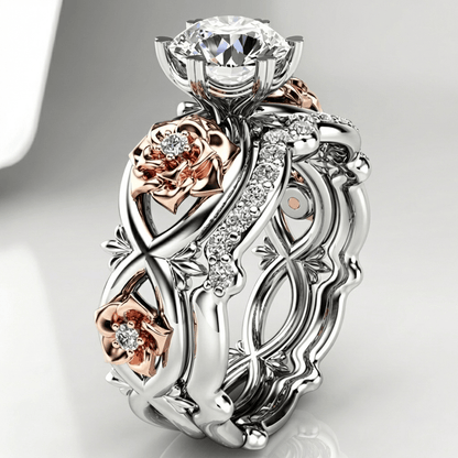 Silver Rose Gold Diamond Floral Ring