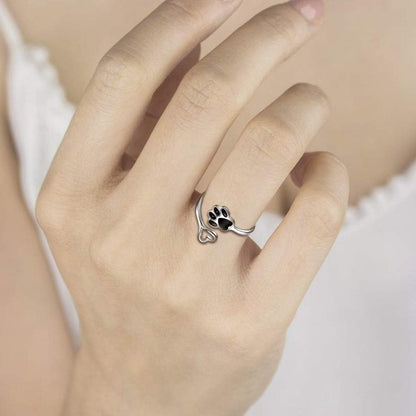 Handcrafted Paw & Heart Ring – Adjustable 925 Sterling Silver