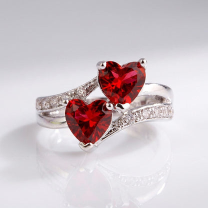 Double Red Heart Silver Ring