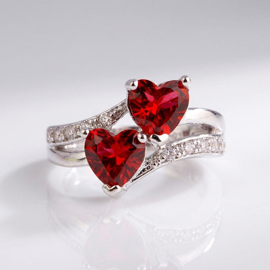 Double Red Heart Silver Ring