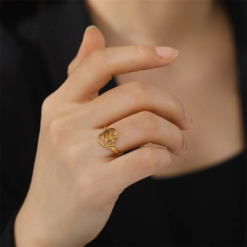 Gold-Tone Paw & Heart Ring – Stainless Steel Jewelry for Pet Lovers