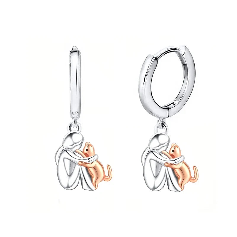 Silver and Gold Two-Tone Cat Hug Earrings