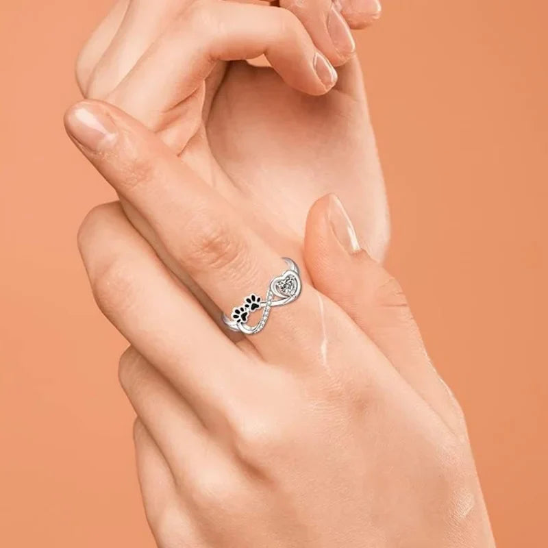 Zirconia Paw Ring with Heart and Infinity Design