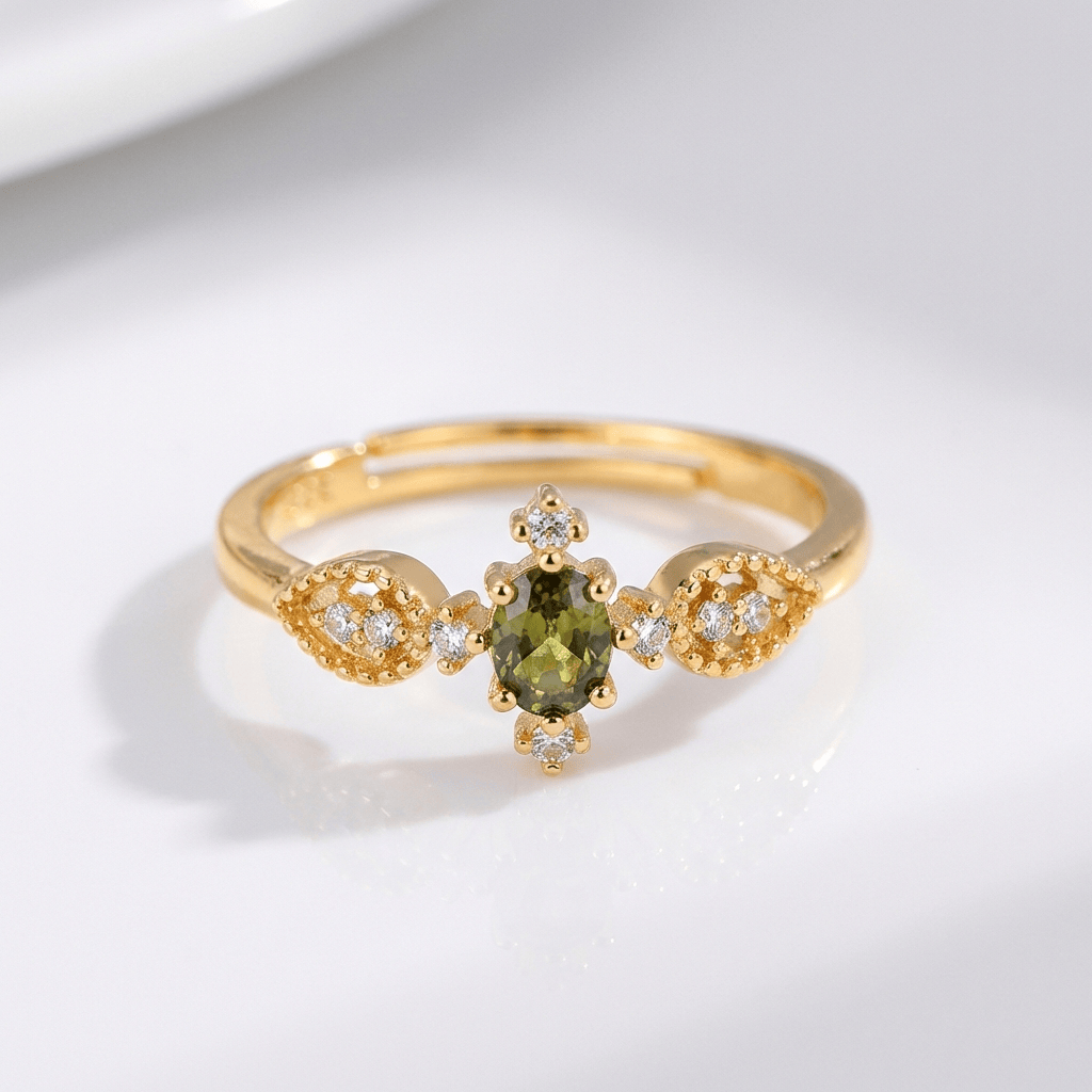 Olive Green Crystal Dainty Gold Ring - (Adjustable)