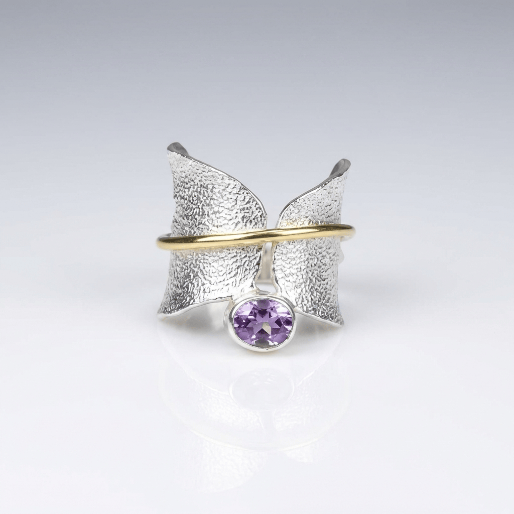 Butterfly Amethyst Silver & Gold Ring