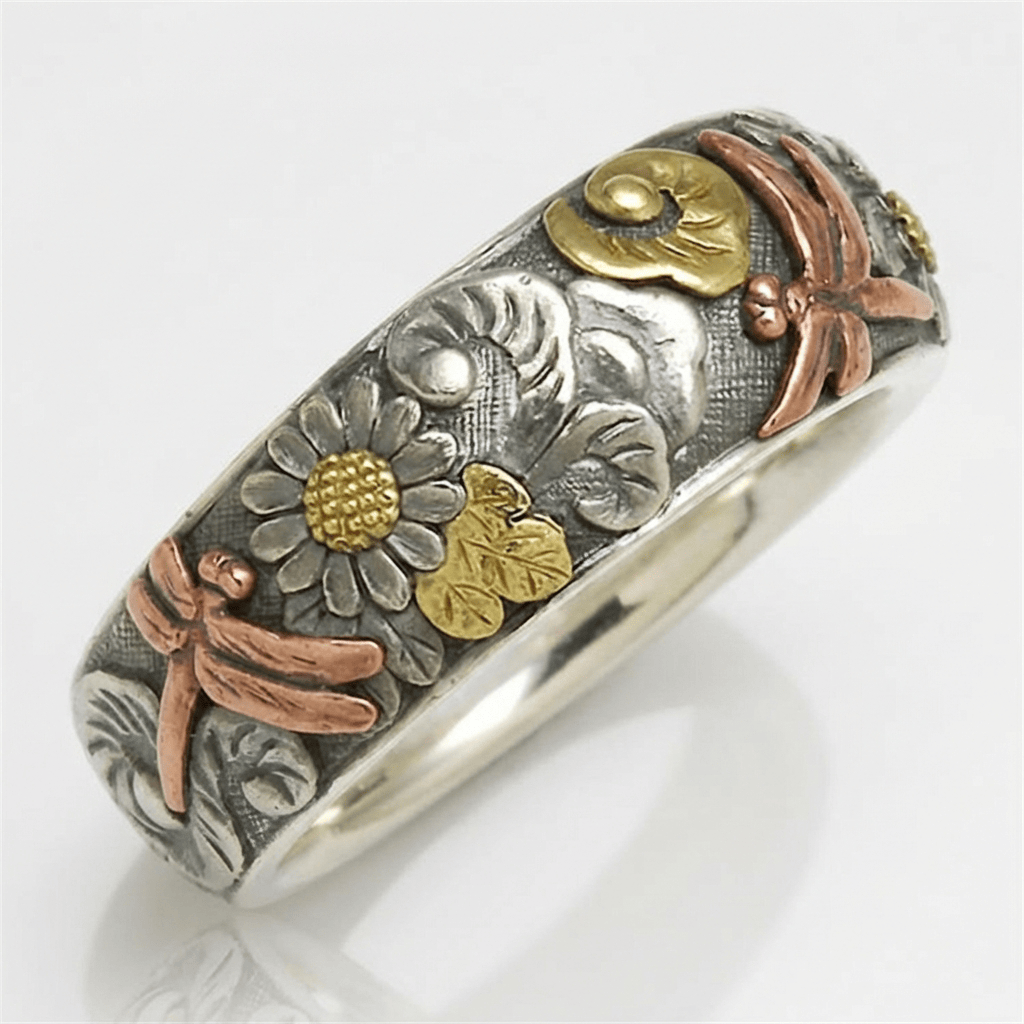 Handmade Dragonfly & Sunflower Vintage Silver Ring