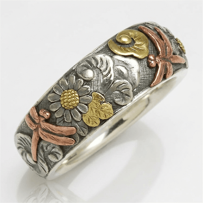 Handmade Dragonfly & Sunflower Vintage Silver Ring