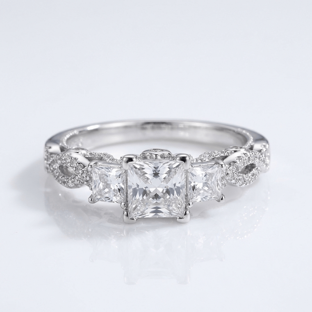 Three Stone Zirconia Silver Twist Ring