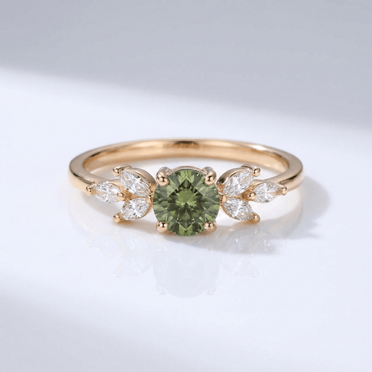 Green Peridot Gold Dainty Leaf Ring