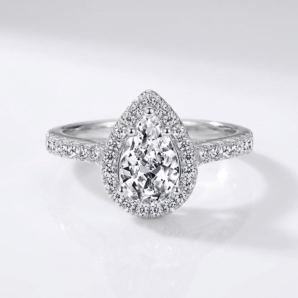 Pear Zirconia Silver Halo Ring