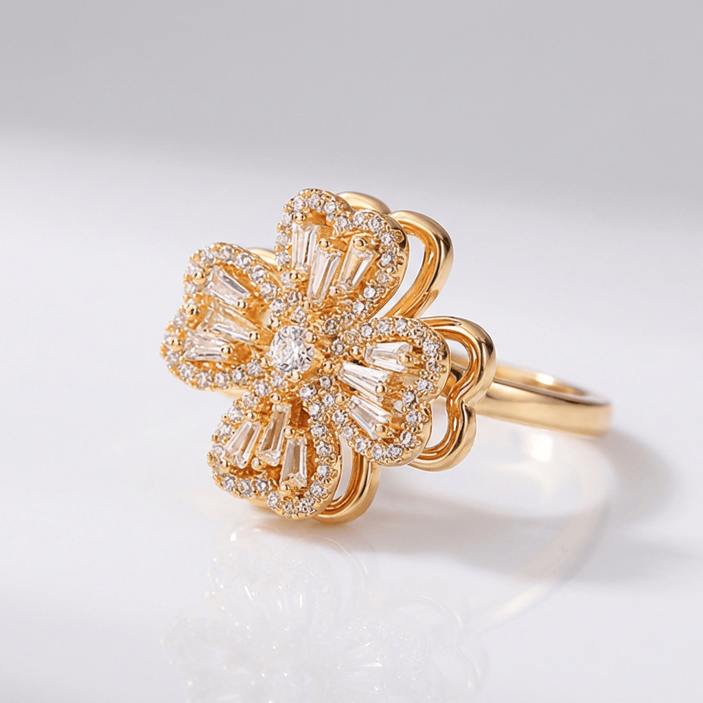 Baguette Zirconia Rotating Flower Ring - (Adjustable)